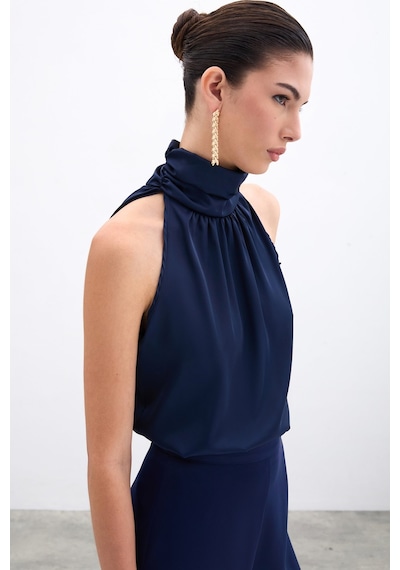 Sateen Desenli Kolsuz Bluz - Lacivert