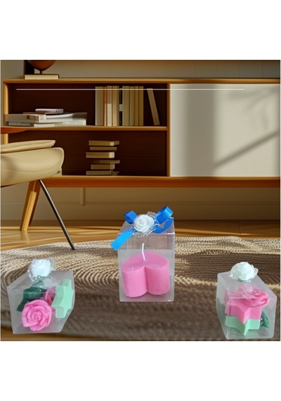 5cm-5cm Ebatlarda Kokulu Doğal Pembe-yeşil Renk 3 Lü Dekoratif Mum Çok Renkli