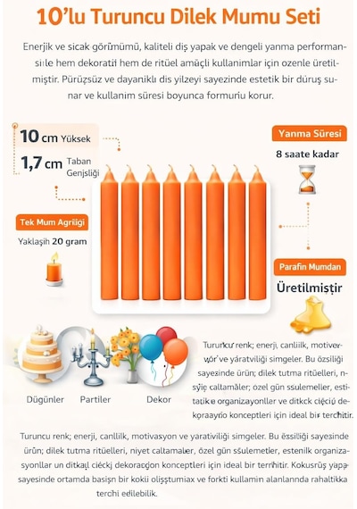 10'lu Turuncu Dilek Mumu Seti Kaliteli Ve Pürüzsüz Dış Yapılı, İçten Yanan Fitilli, Silindir Blok Tasarıml Diğer