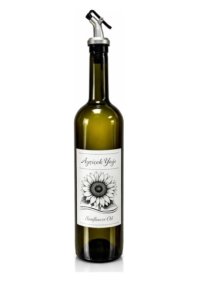 Tr Zeytinyağı Ve Ayçiçek Yağı Şişesi Seti, Beyaz Etiket Ve Yağdanlık Aparatlı, 750 Ml, 2 Adet, Yeşil Cam Şi Genel