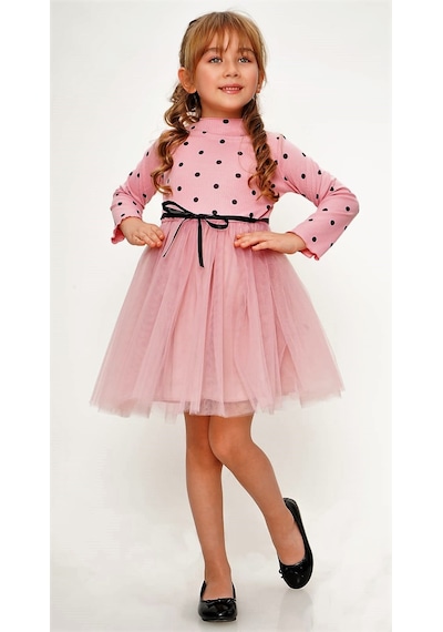 Mnk Baby & Kids Kız Puantiyeli Tütülü Günlük Elbise Mnk0416 Koyu Pembe
