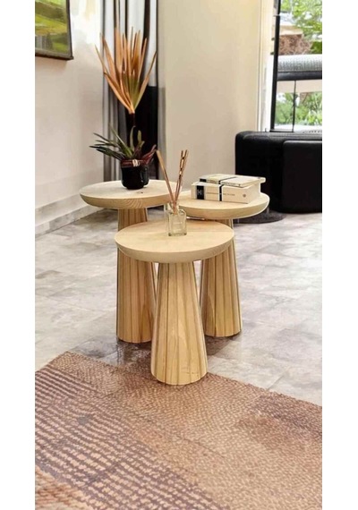Ahşap Mantar Sehpa 3 Lü Set Naturel Renk Doğal Fiskos Zigon Bej
