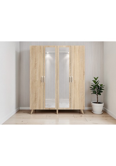 Alara Tamamı Mdf Aynalı Portmanto Vestiyer Ayakkabılık Meşe 140 Cm - M2