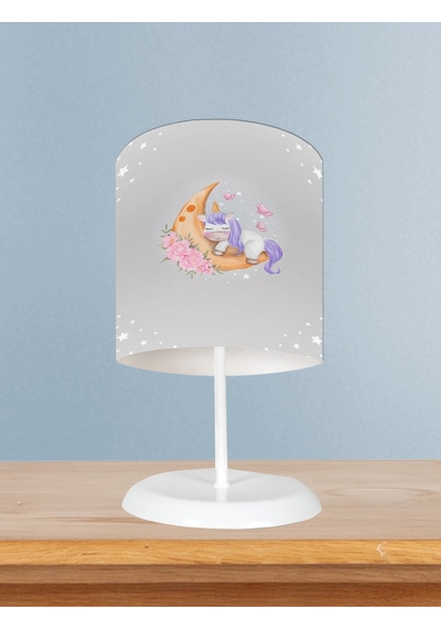 Mekta Home Bebek Ve Çocuk Odası Aya Sarılan Unicorn Desenli Gri Abajur
