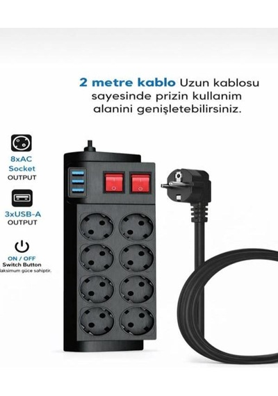 4000w, 16a, Akım Korumalı Priz 8xpriz, 3xusb, 2mt Kablo, Çoklayıcı Diğer
