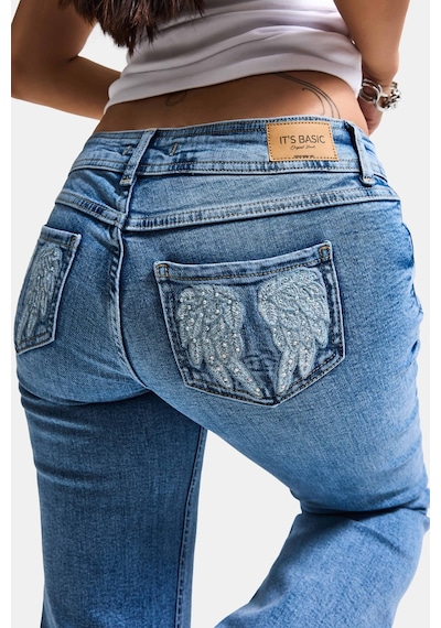 Itsbasic Kadın Mavi T-4s6-4 Flare Fit Düşük Bel Taş Detaylı Özel Tasarım Denim Jean
