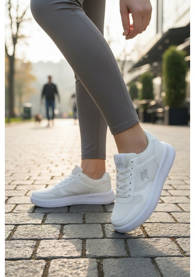 Enoch Kadın Spor Ayakkabı Amblem İşlemeli Fileli Düz Tabanlı Sneaker Spor Beyaz