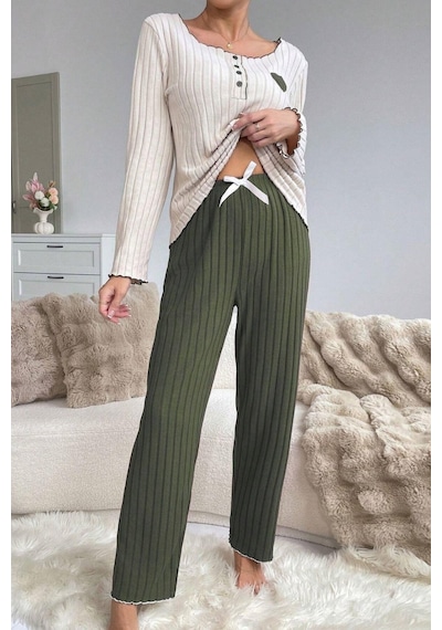 Bella Notte Nakışlı Yeşil Pamuklu Kalp Detaylı Pijama Takımı Haki