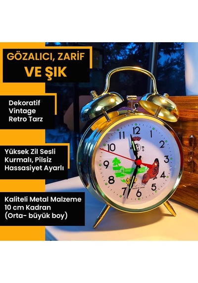 Upway Büyük Boy Nostaljik Dekoratif Retro Tarz Alarmlı Tavuklu Zemberek Kurmalı Mekanik Metal Masa Saati