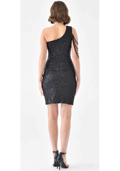 Hanife Glam Couture Hanife Glam Tek Omuz Taş Tasarımlı Mini Pulpayet Elbise Siyah