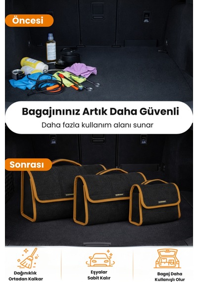 Oto Bagaj Organizer Bagaj Çantası 3'lü Kombo Kaymaz Cırt Bantlı Velur Kompakt - Siyah Kahverengi