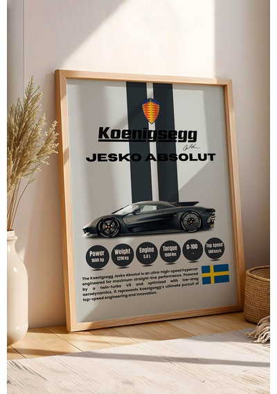 Koenigsegg Jesko Absolut Tablo - Teknik Özellikli Hiper Araba Poster - Çerçeveli Duvar Dekoru Kayın