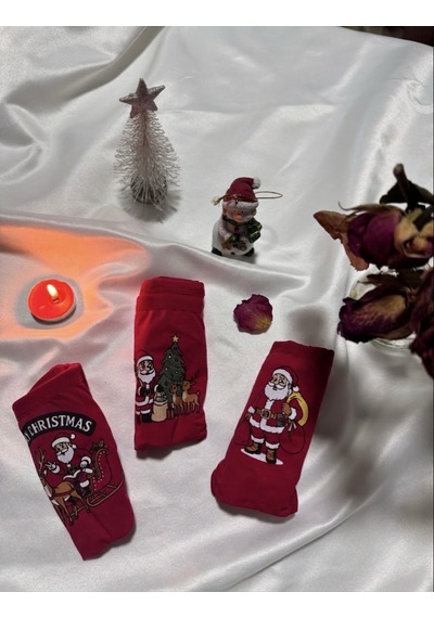 Trend Dokunuş Kadın 3'lü Kırmızı Yılbaşı Temalı Noel Figürlü Pamuklu Külot