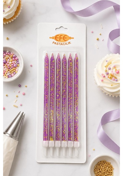 Mor Gold Simli Uzun Pasta Mumu 17 Cm Karışık