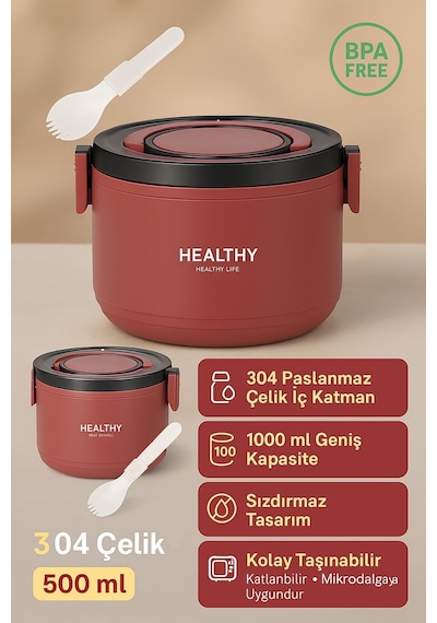 304 Çelik 1000 Ml Yemek Mama Saklama Kabı Sefertası Sıcak Tutmaz Cin562krx Kırmızı