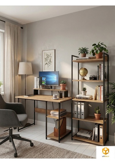 Vien 2 Set Kitaplıklı Masa Raflı Çalışma Masası 5 Raflı Kitaplık Monitör Yükseltici Siyah - Çam Vien 2 Set Kitaplıklı Masa Raflı Çalışma Masası 5 Raflı Kitaplık Monitör Yükseltici Siyah - Çam