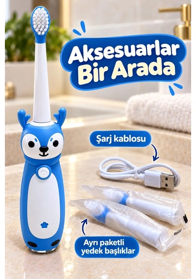 Ers Elektrikli Çocuk Diş Fırçası Mavi Beyaz Figürlü