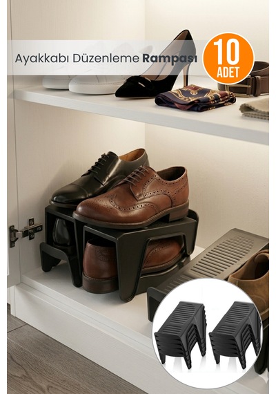 10 Adet Ayakkabı Düzenleme Rampası - Ayakkabı Düzenleyici Ayakkabılık Siyah