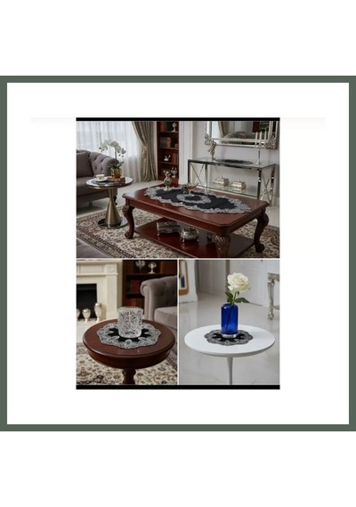 Bezos Elora Siyah Model 5 Parça Velvet Kadife Dantelli Runner Seti Salon Takımı Bzstk