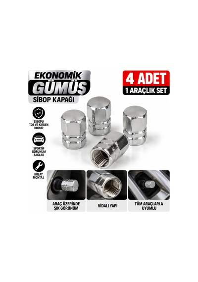 Ekonomik Gümüş Sibop Kapağı 4'lü Set Krom Görünümlü Metal Araç Lastik Sibop Koruyucu Vidalı Kapak - 939657061