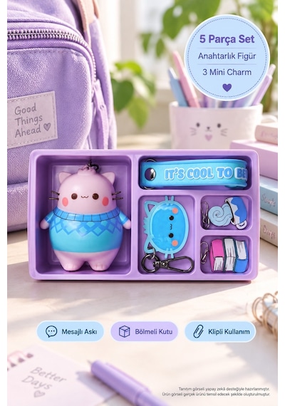 Pembe The Pink Cat Mystery Bento Box 5 Parça Anahtarlık Figür Charm Seti It's Cool To Care 8 Cm