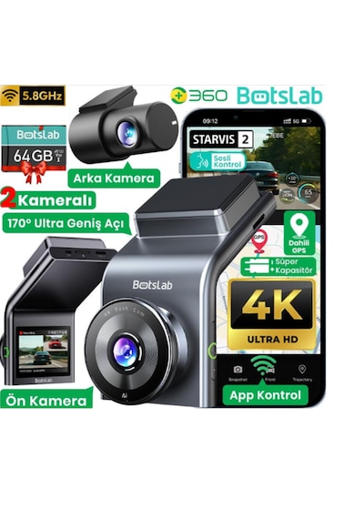 +360 Botslab G300H Plus WDR 4K UHD Ön+Arka WiFi+GPS 170° Geniş Açı Gece Görüşlü Araç İçi Kamera Dash