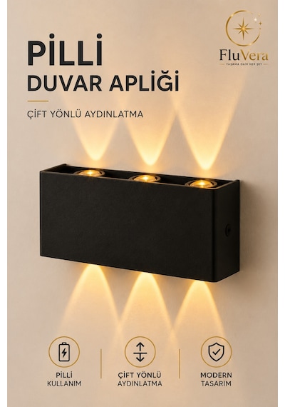 Pilli Amber 12w 3 Led Çift Taraflı Siyah Duvar Aplik Dekoratif Led Aydınlatma İç Dış Mekan Siyah