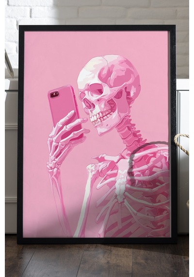 İskelet Selfie Doğal Ahşap Çerçeveli Poster, Dekoratif Pembe Duvar Tablosu