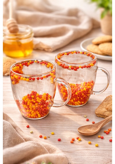 Makri Home 2 Adet Taraftar Kupa Sarı Kırmızı, 350 Ml Cidarlı Cam Taraftar Bardak Çok Renkli
