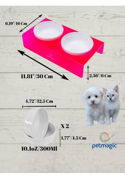Petmagic Akrilik Pleksi Evcil Hayvan Beyaz Seramik Kaseli İkili Kedi Köpek Mama Su Kabı Neon