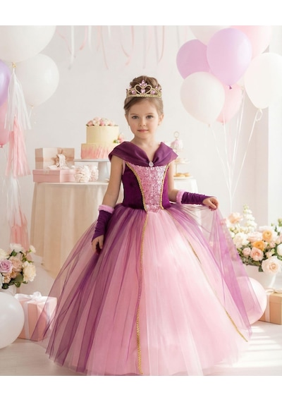 Butikhappykids Kız Çocuk Kostüm Rapunzel Mor Düşük Omuz Detaylı Kasnaklı Kabarık Prenses Elbise 3-8 Yaş Taç Ve Eldiven Hediyeli Mor