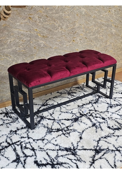 Zafir Siyah Boyalı İçi Kareli Diktörtgen 100 Cm X 40 Cm Oturak Puf - Bench - Makyaj Oturağı - Oturak Bordo