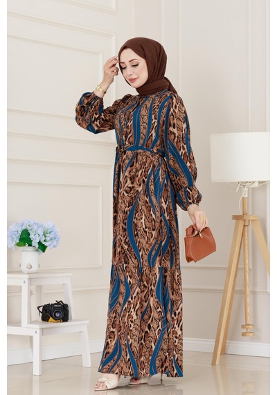 Sevitli Leopar Desenli Beli Tünelli Viscon Elbise-mavi-5089 Mavi