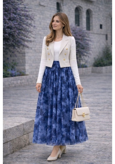 Hira Life Fashion Asimetrik Kesim Etnik Desen Ve Beli Lastikli İçi Astarlı Tül Etek Mavi Mavi Hira Life Fashion Asimetrik Kesim Etnik Desen Ve Beli Lastikli İçi Astarlı Tül Etek Mavi Mavi