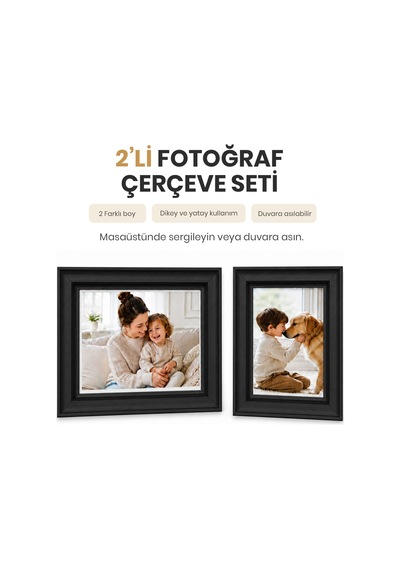 Vusıgn Mdf Fotoğraf Çerçevesi Siyah Kabartmalı Çerçeve Masaüstü Ve Duvar Askılı 2'li Set