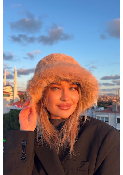 Mollycrush Suni Kürklü Peluş Bucket Kalpak Şapka Luxury Kadın Camel Rus Slav Tarzı Camel