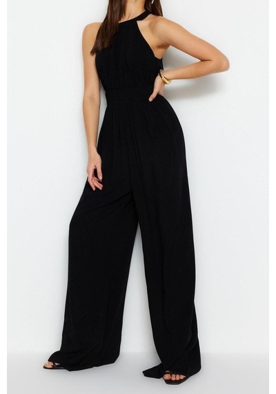 Ersefa Kadın Moda Reglan Kol Boru Paça Halter Yaka Uzun Beli Büzgü Detay Siyah