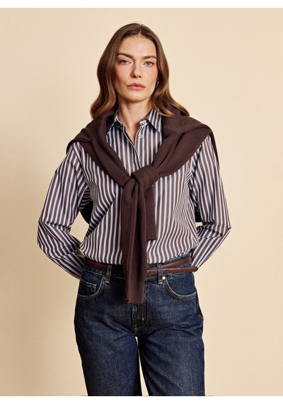 Brooks Brothers Kahve - Mavi Kadın Regular Fit Çizgili Gömlek Bbfw26fsh008
