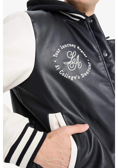Defacto Regular Fit Kolej Yaka Çıkarılabilir Kapüşonlu Çıtçıtlı Suni Deri Bomber Mont E9972ax25aubk27 Siyah