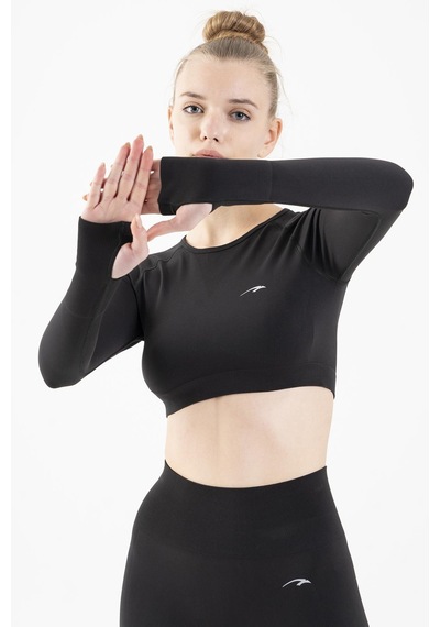 Maraton Active Slimfit Kadın Bisiklet Yaka Uzun Kol Training Siyah Crop Top 816005 SIYAH Siyah