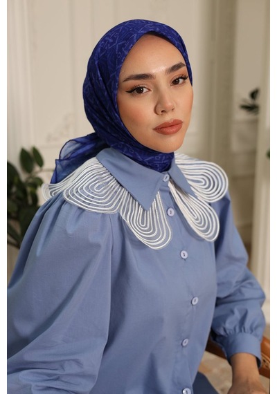 Silk Home Pusula Desen Soft Pamuk Eşarp Koyu Mavi