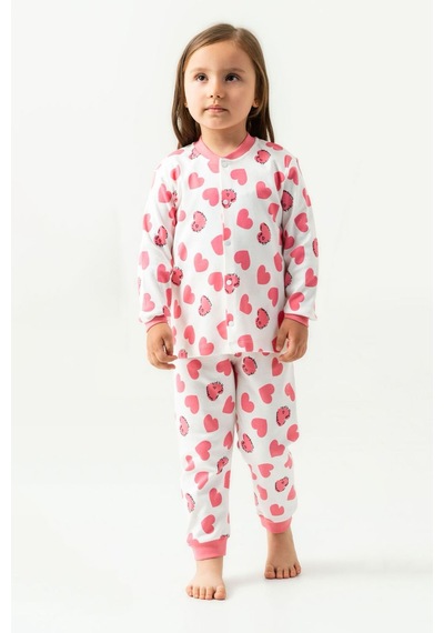 Miniğimin Cicileri Kalp Baskılı Pamuklu Kız Çocuk Çıtçıtlı Pijama Takımı - Gül Pembe