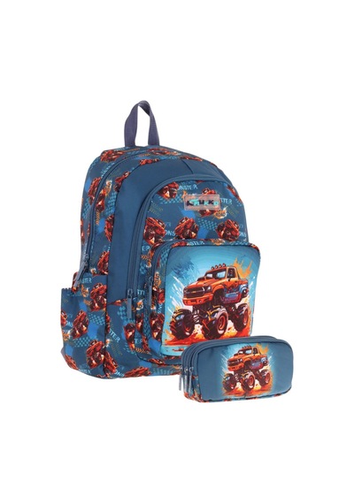 Kaukko Kids L5282+l8282 Üç Gözlü Erkek Çocuk Okul Çantası Ve Kalem Çantası Seti - Yeşil Kırmızı - Arazi Aracı Baskılı Yeşil - Kırmızı
