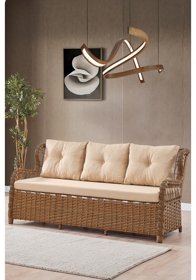 Paris Rattan Puflu Bahçe Balkon Takımı 3+1+1 Cam Masalı Kahve Kahverengi