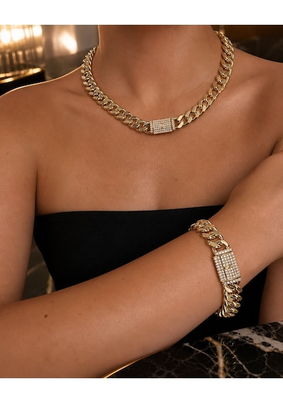 Gizovia Gold Renk Taşlı Kalın Zincir Kolye Ve Bileklik Takımı Altın