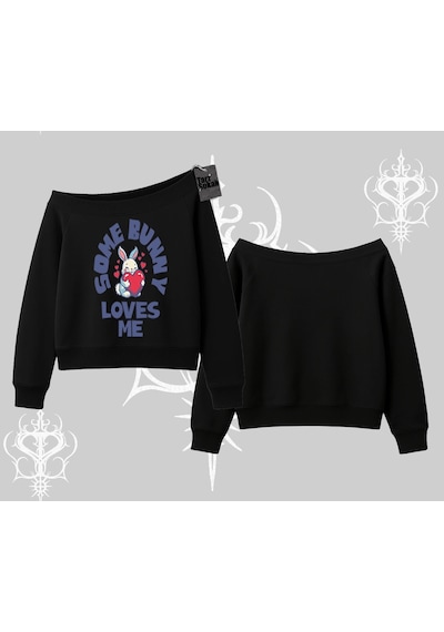 Startmore Kayık Yaka Sweatshirt Sevimli Tavşan Some Bunny Loves Me Baskılı Siyah