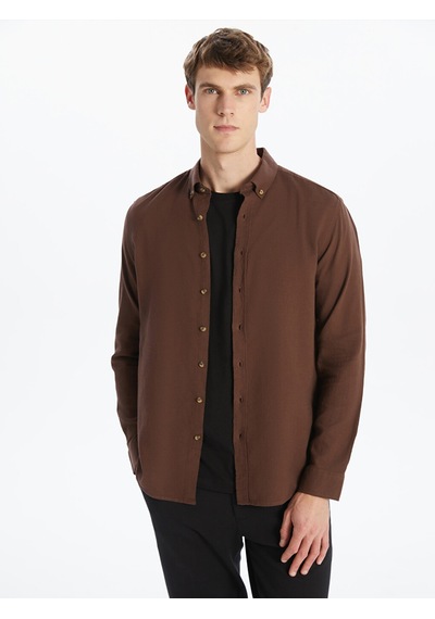Lcw Vision Kahverengi Slim Fit Uzun Kollu Armürlü Erkek Gömlek