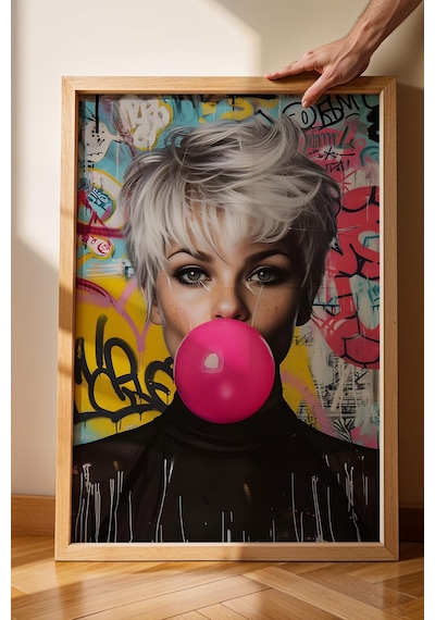 Pembe Sakız Balonu Patlatan Kadın Grafiti Çerçeveli Tablo - Pop Art Poster Tablo
