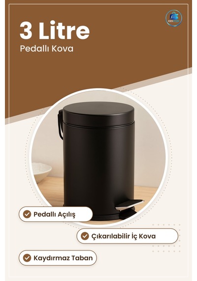 3l Pedallı Metal Çöp Kovası Siyah Toz Boya Kaplı Pas Dayanımlı Ba