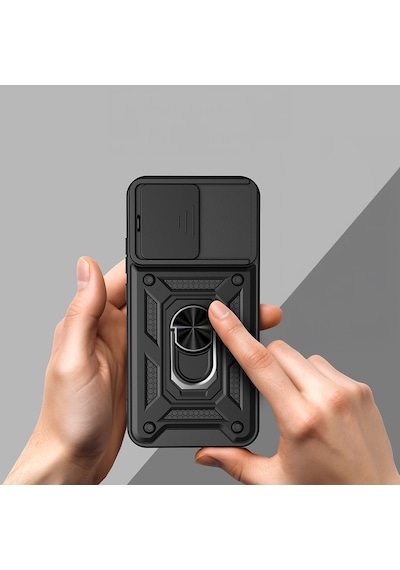Maks Technology Oppo Reno 15 Pro Uyumlu Kılıf Magnetik Standlı Kamera Korumalı Mkst Sürgülü Vega Kapak - Siyah